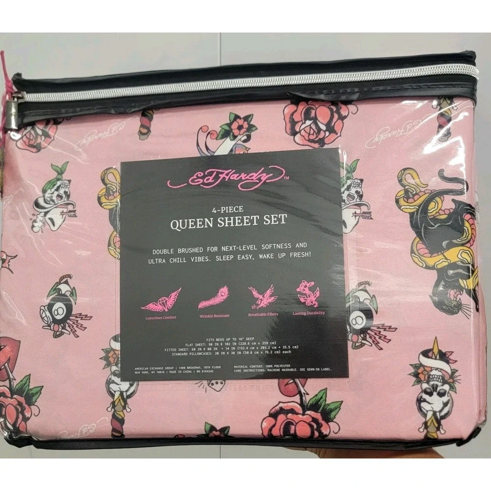 Ed Hardy Sheet Set Queen 4Pc Bedding Sheets Set Pink Tattoo Panther Snake Roses